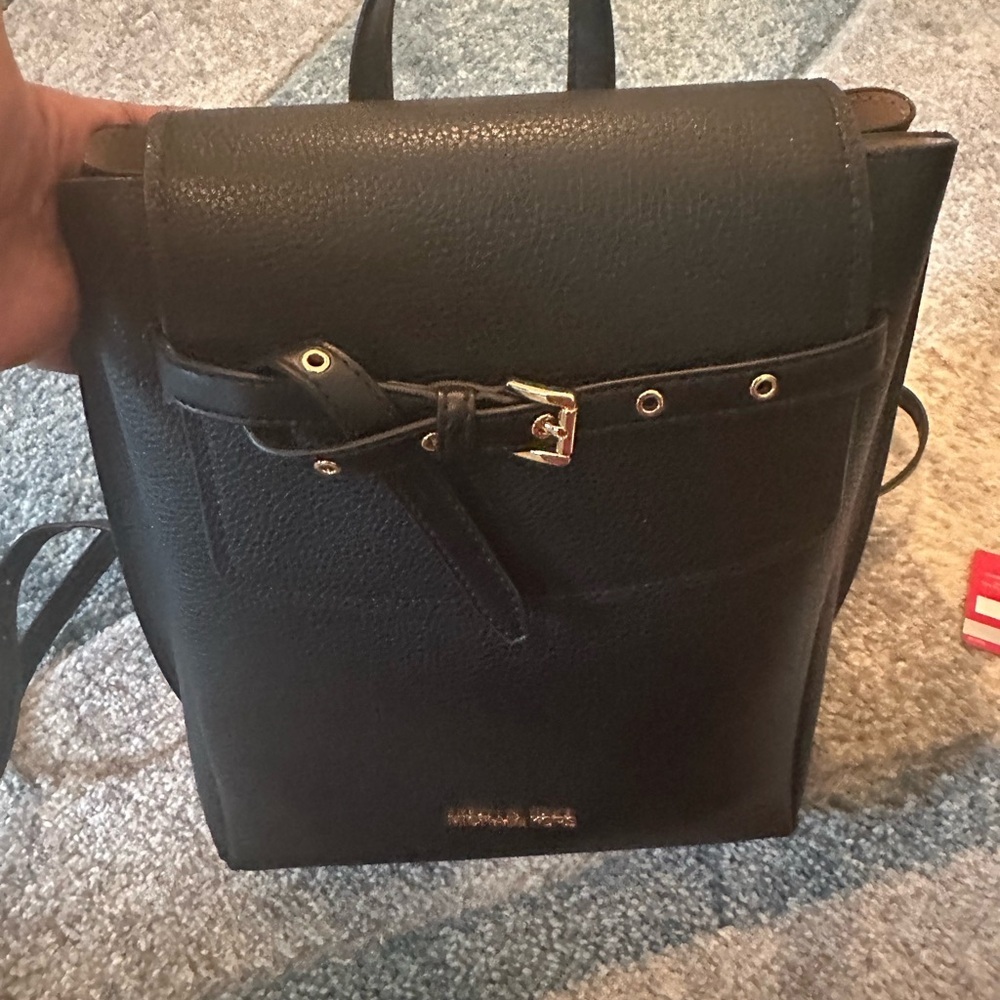 Michael Kors Emilia Belted Backpack Black Leather Medium with matching wallet